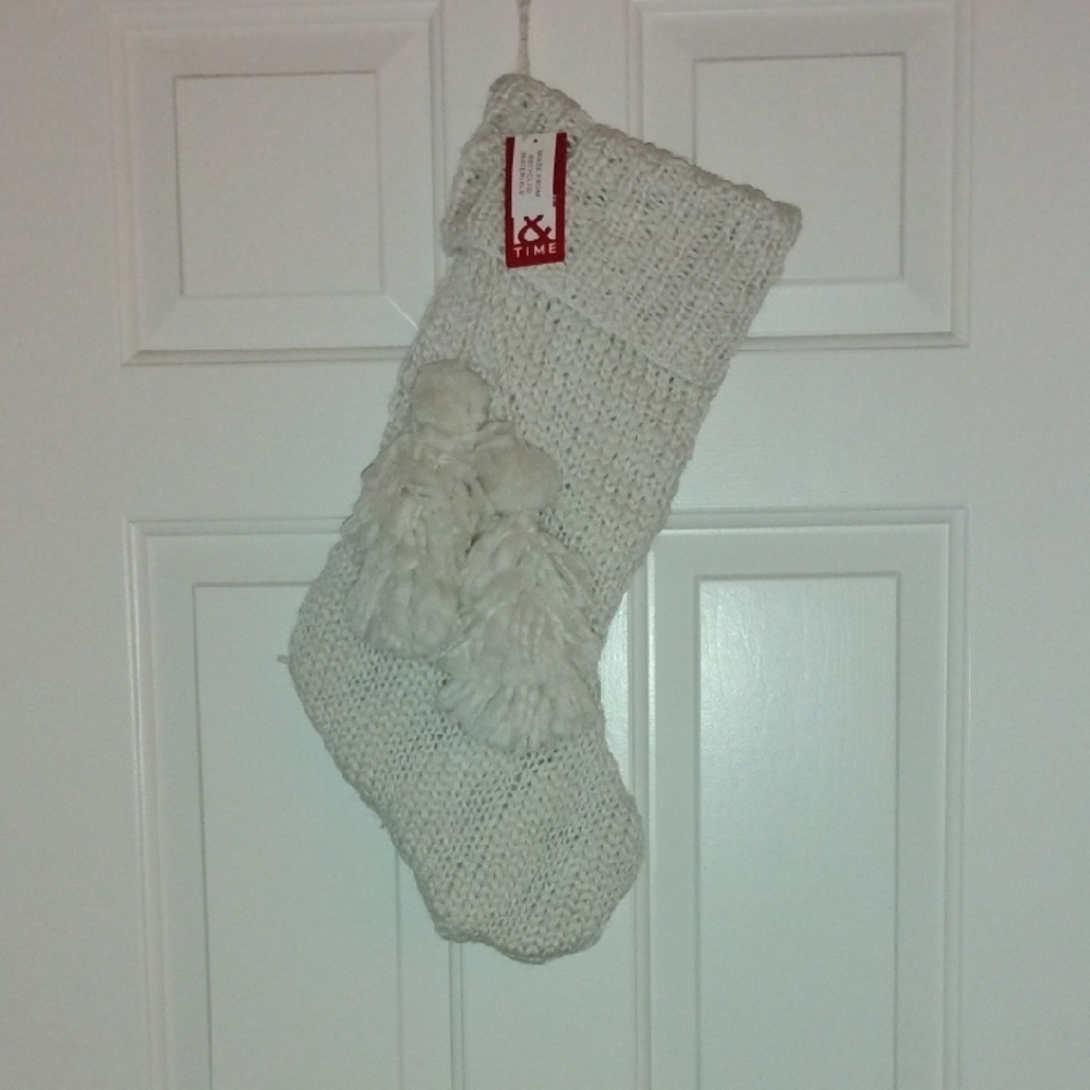 White Holiday Stocking With Pom Poms